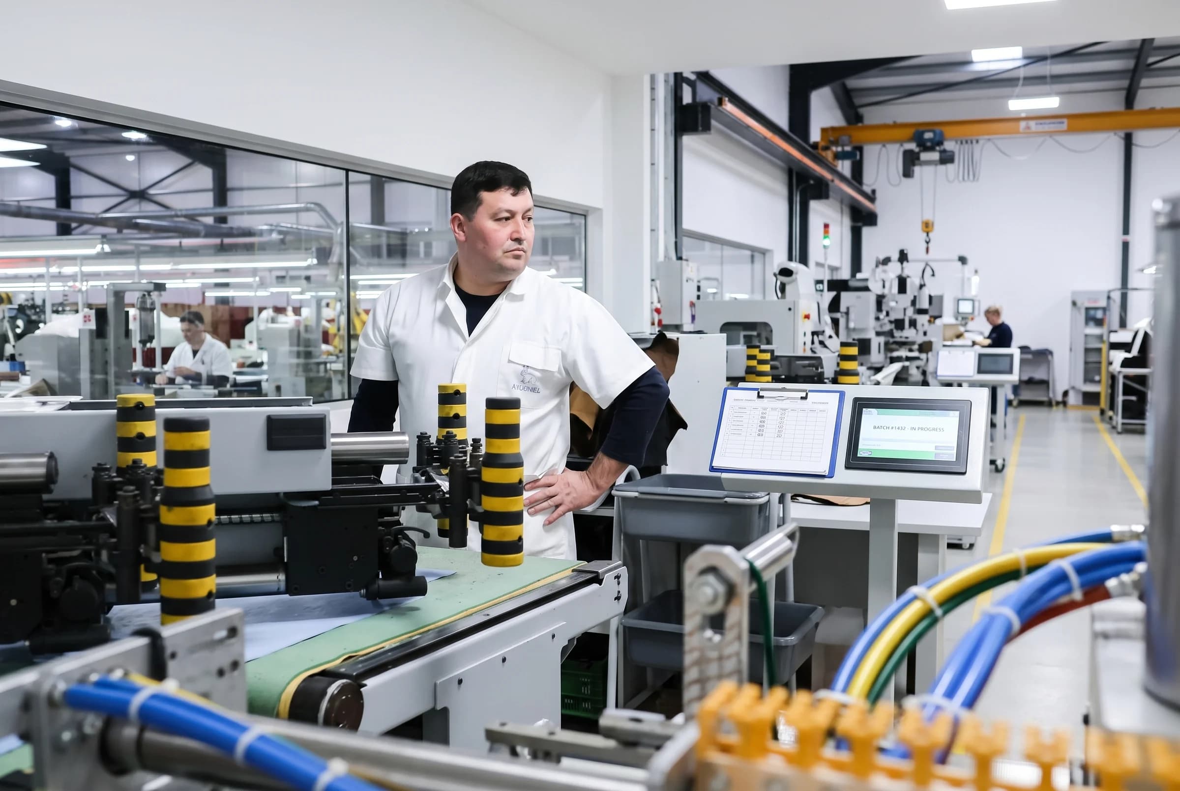 A workshop team member beside footwear production machinery