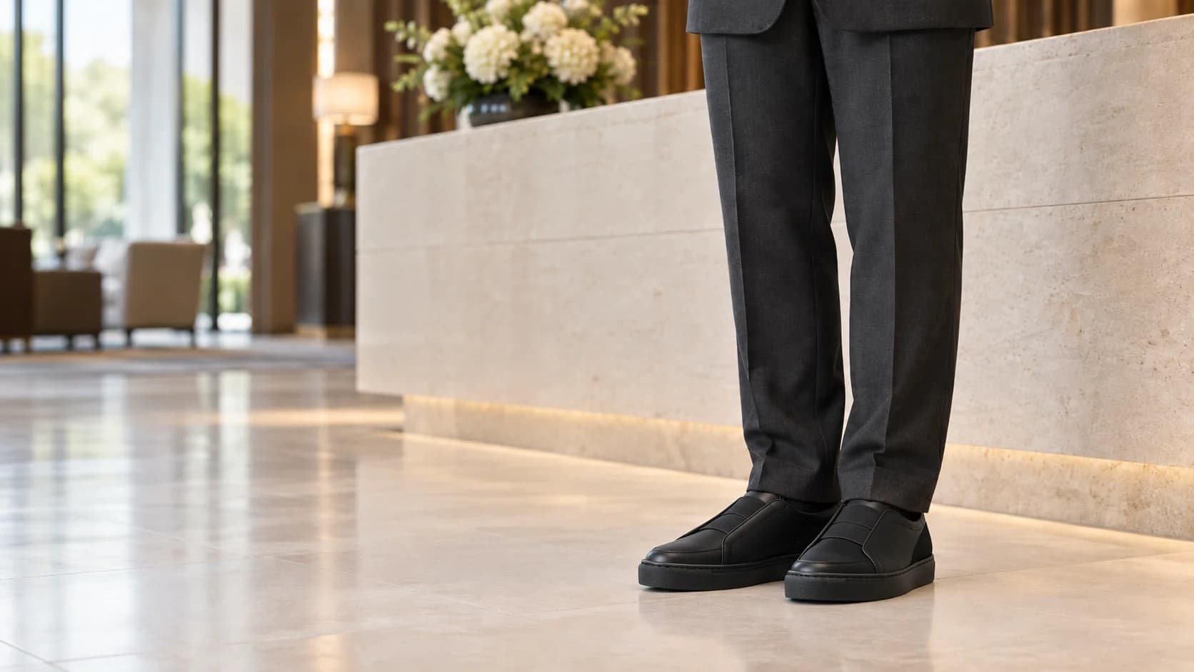 Black hospitality shoes worn with tailored trousers in a hotel lobby