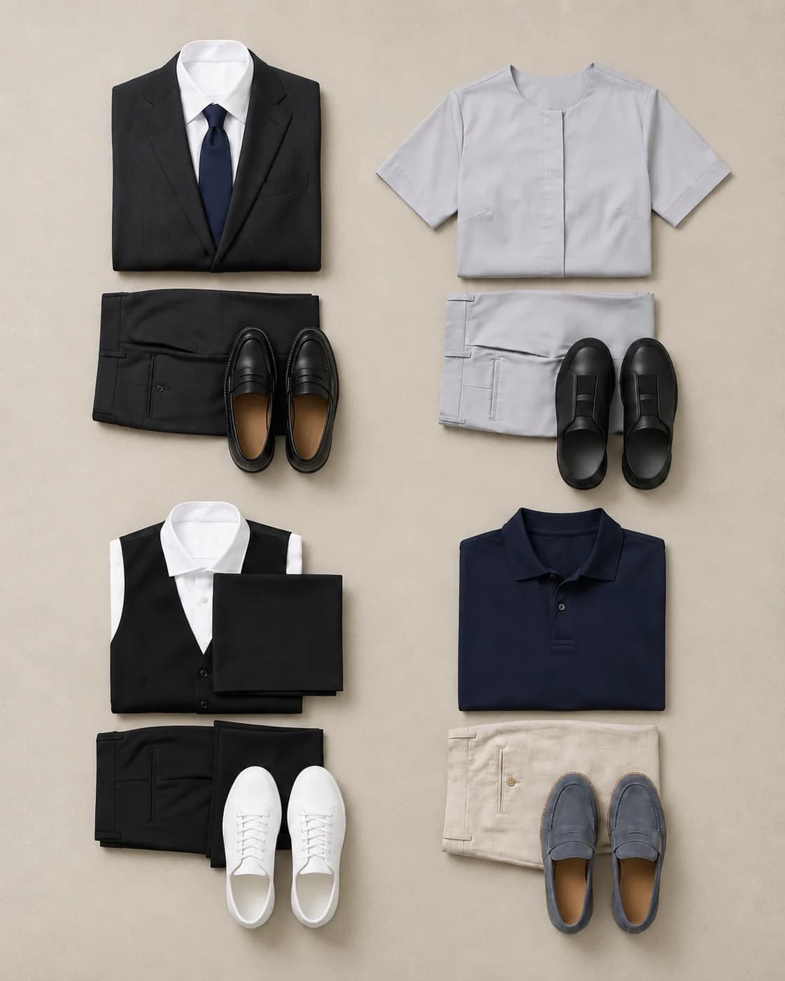 Four hospitality uniforms paired with coordinating shoes