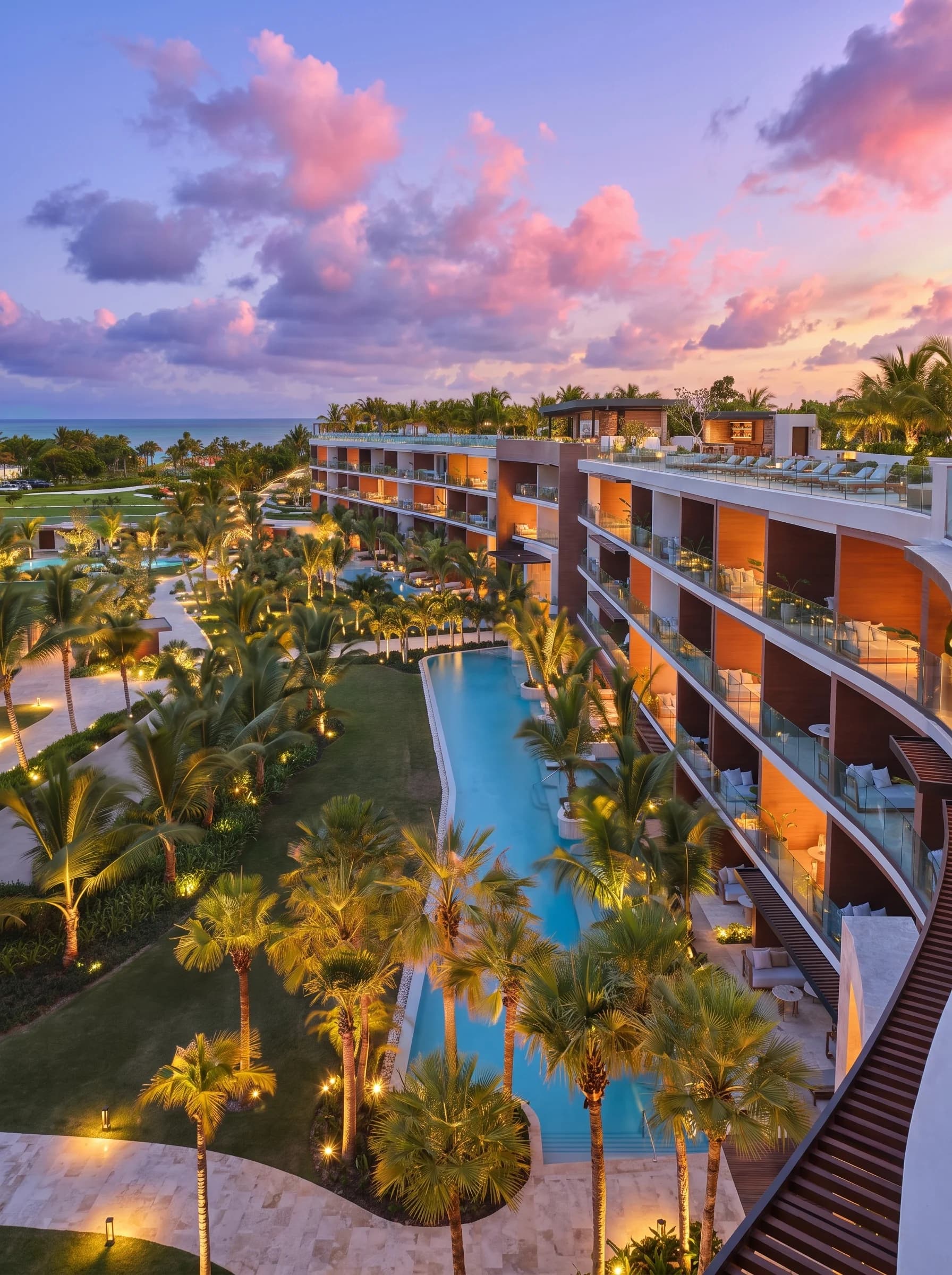 Coastal resort with palm trees and a pool at sunset